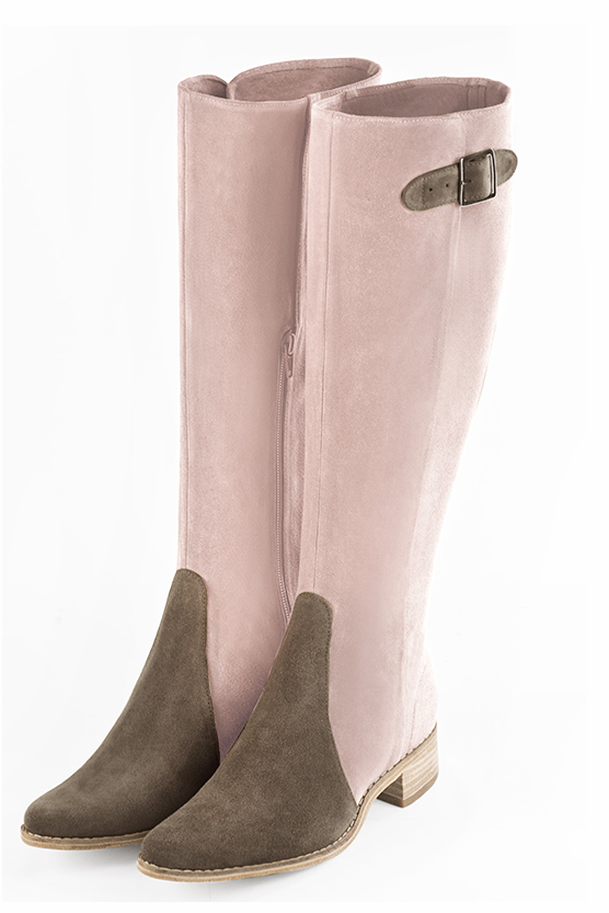 Taupe brown and powder pink women's knee-high boots with buckles. Round toe. Low leather soles. Made to measure. Front view - Florence KOOIJMAN